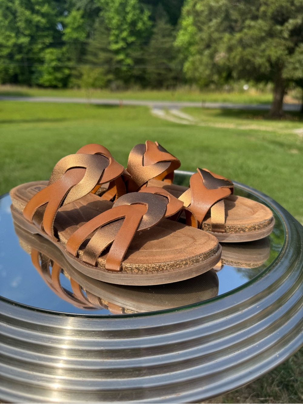 Earth Tan/Bronze Leather Slide Sandals - Interwoven Straps